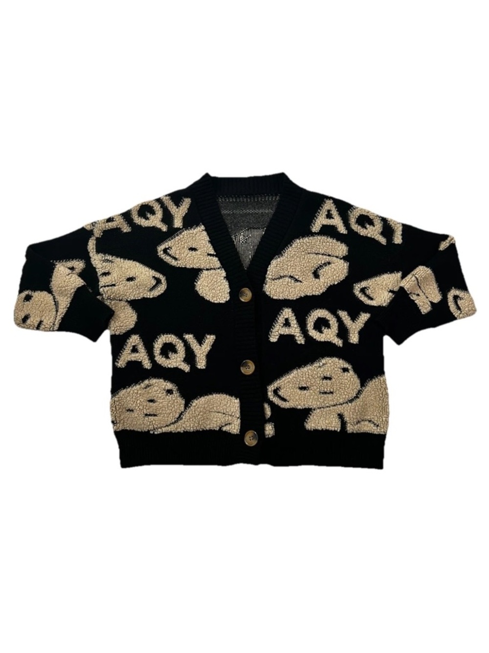 AQY Bear Sweater Cardigan Black Womens Oversized V-Neck Knit Chunky Harajuku Y2K